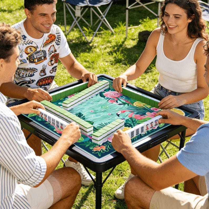 Flamingo Mahjong Mini Mat 20.9” Tropical Game Table Mat Portable Travel Mat Summer Beach Coastal Game Night Gift Non Slip Ships Rolled Up image 2