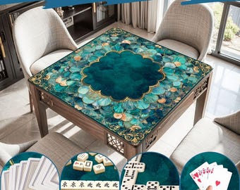 Mermaid Mahjong Mat 33x33, Coastal Mahjong Table Cover, Teal Shell Mahjong Mat, Foldable Travel Mahjong Mat with Storage Bag, Game Decor