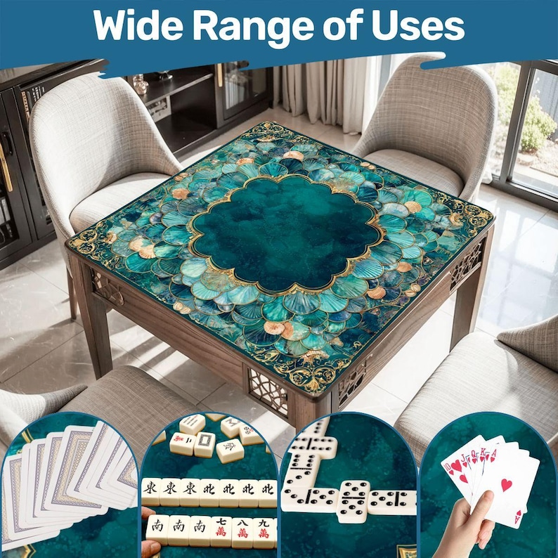 Mermaid Mahjong Mat 33x33, Coastal Mahjong Table Cover, Teal Shell Mahjong Mat, Foldable Travel Mahjong Mat with Storage Bag, Game Decor image 1