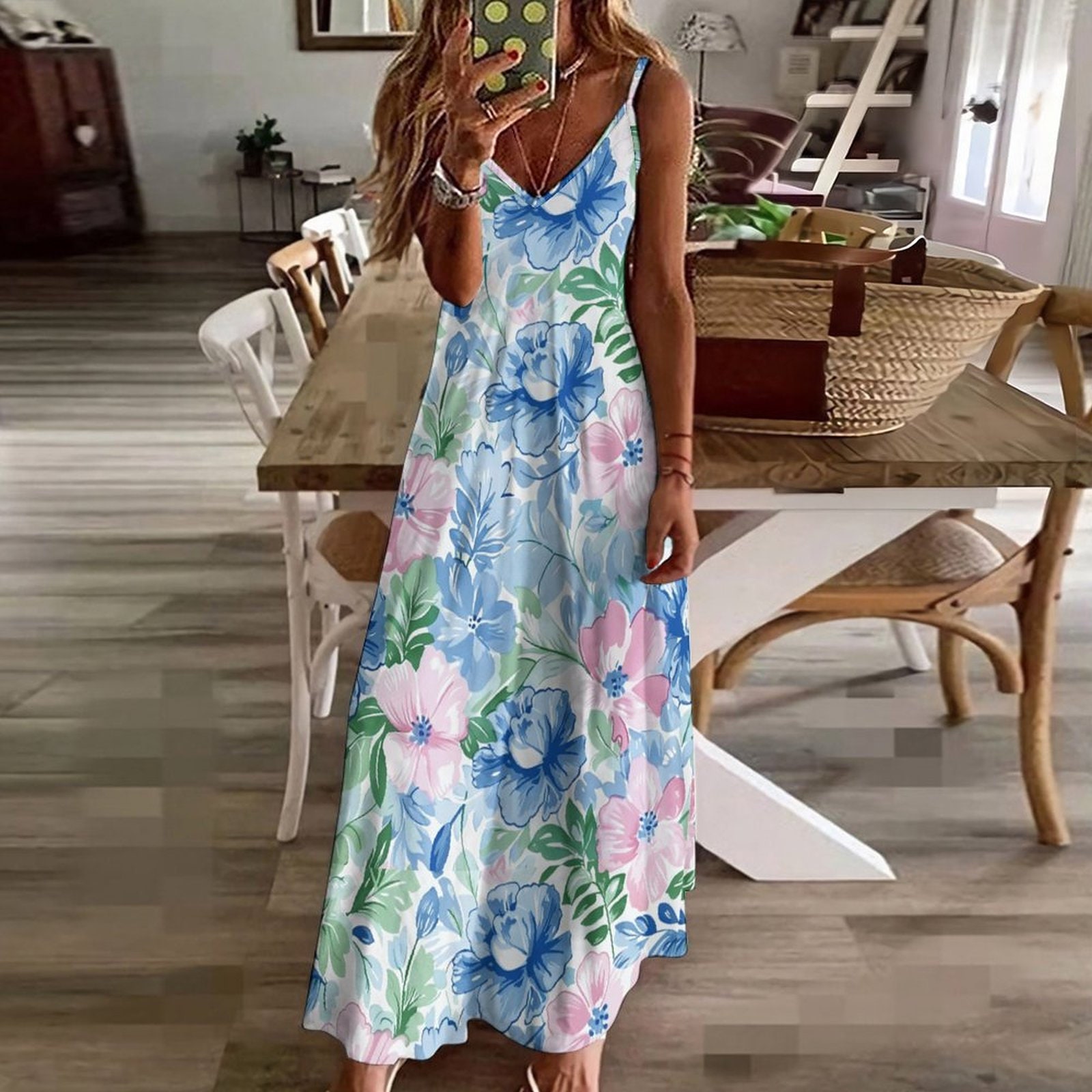 Elegant Floral Pattern on an Ankle-Length Slip Dress with Unique All-Over Print Design - - Perfect for Casual and Formal Occasions, Gift