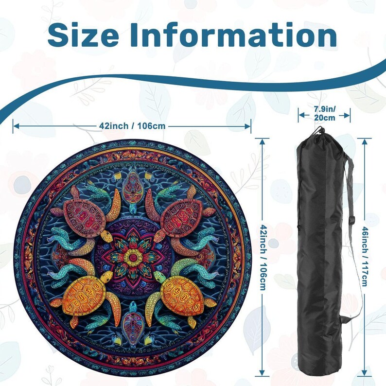 Sea Turtle Mahjong Mat 42Inch Round Game Mat, Coastal Mahjong Table Cover, Ocean Turtle Game Night Decor,Non Slip Rubber Backed Mat with Bag image 3