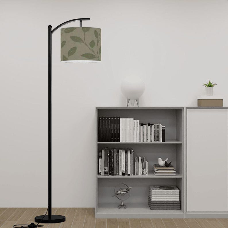 Boho Leaf Print Lampshade: Soft Green Linen Look, Arc/Floor Lamp Bild 8