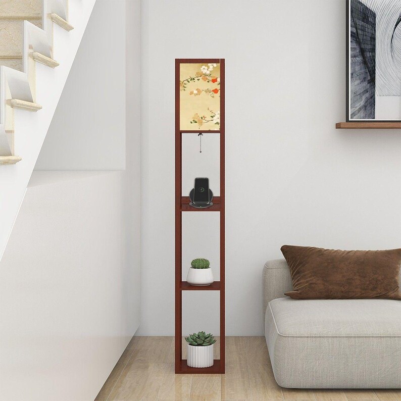 Japanese Floral Shelf Floor Lamp with Linen Shade, LED Bulb, USB & Outlet, 3 Tier Wood Storage Lamp for Living Room Bedroom Decor image 5