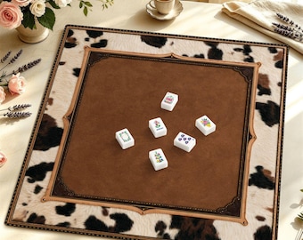 Tapis de Mahjong à motif vache, tapis de jeu western marron avec sac de rangement, tapis carré à dos en caoutchouc, cadeau idéal pour les amateurs de Mahjong