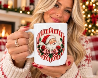 Personalized Vintage Santa Mug, Custom Name Christmas Coffee Cup, Red Bow & Holly Design, Holiday Gift for Her