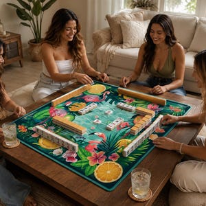 May include: A group of four people playing a game of Mahjong on a wooden table. The game board features a tropical design with flamingos, flowers, and orange slices. The players are seated around the table, with drinks on coasters.