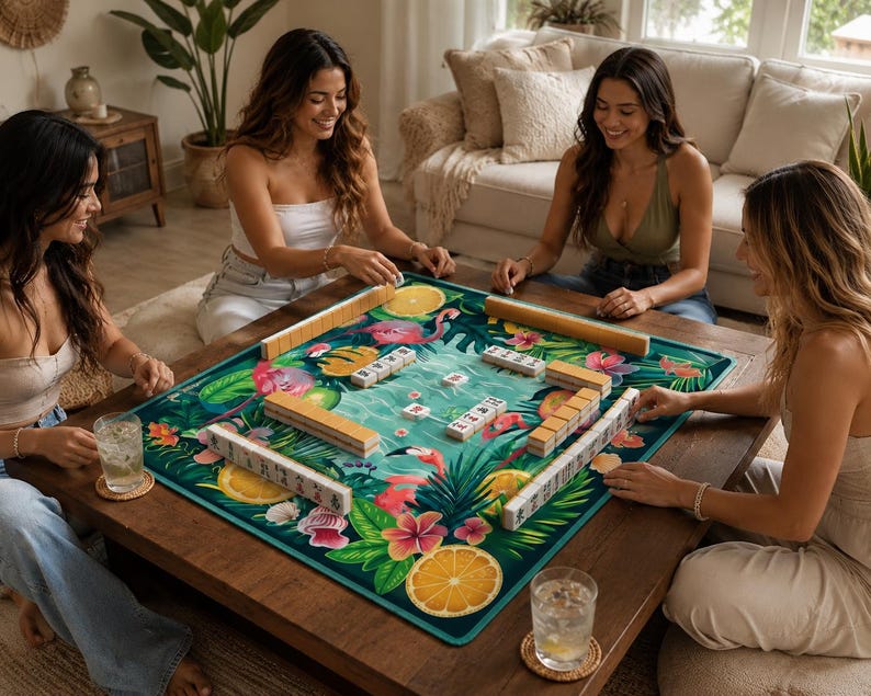 May include: A group of four people playing a game of Mahjong on a wooden table. The game board features a tropical design with flamingos, flowers, and orange slices. The players are seated around the table, with drinks on coasters.