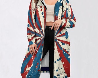 Veste zippée longue à capuche oversize avec drapeau pop art, veste à manches longues DS002 (impression intégrale), drapeau patriotique, États-Unis, veste confortable