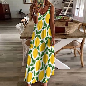Lemon Print Maxi Sundress – Sleeveless Summer Dress, Citrus Fruit Pattern Vacation Dress, Bright Yellow Aesthetic Beach Outfit