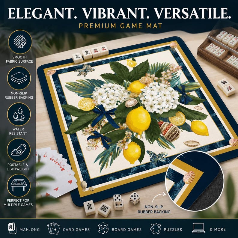 May include: A premium game mat with a floral and fruit design, featuring lemons, white flowers, and butterflies. The mat has a navy blue border with gold accents and is designed for multiple games, including Mahjong and card games.