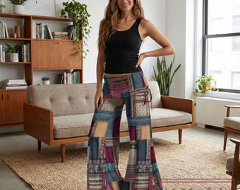 Pantalon large bohème en patchwork - Pantalon évasé fluide taille haute pour femme