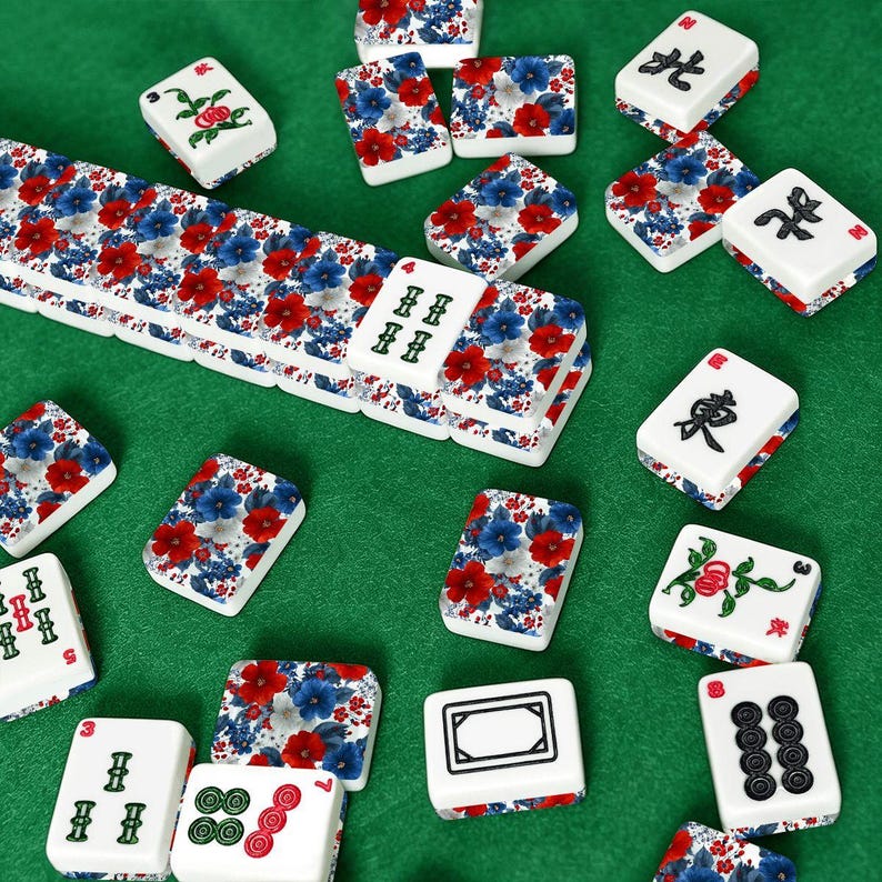 Patriotic Floral American Mahjong Tiles Set, 166 Piece Mahjong Game Set with Jokers, Red White Blue Mahjong Accessories,Grandmillennial Gift Bild 8