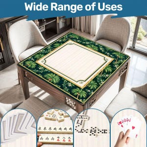 May include: A wooden game table with a green and white patterned top, featuring palm tree and floral designs. The table is surrounded by chairs and showcases various game pieces, including cards, dominoes, and mahjong tiles. Text reads "Wide Range of Uses."