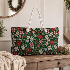 Christmas Mahjong Bag, Holiday Mahjong Storage Tote, 24 x 13 Inch Mahjong Rack Bag, Poinsettia Tile Game Gift image 1