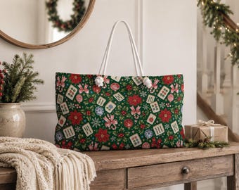 Weihnachtstasche für Mahjong, Aufbewahrungstasche für Mahjong-Steine, 61 x 33 cm große Tasche für Mahjong-Steine, Geschenkidee mit Weihnachtsstern-Motiv