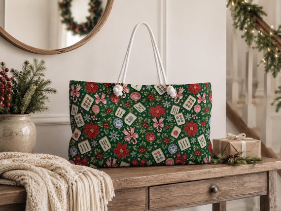 Christmas Mahjong Bag, Holiday Mahjong Storage Tote, 24 x 13 Inch Mahjong Rack Bag, Poinsettia Tile Game Gift