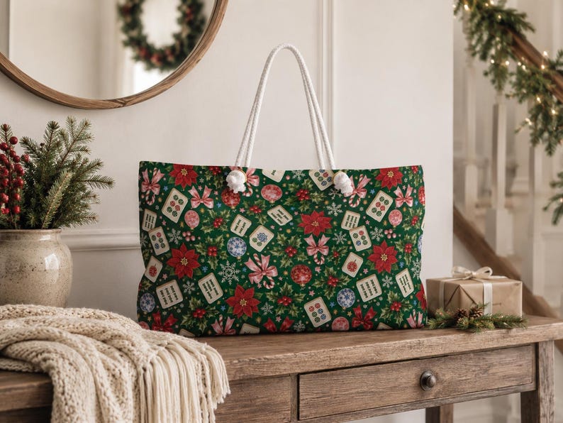 Christmas Mahjong Bag, Holiday Mahjong Storage Tote, 24 x 13 Inch Mahjong Rack Bag, Poinsettia Tile Game Gift image 1