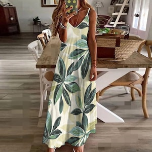 Tropical Leaf Print Maxi Dress for Women, Sleeveless Flowy Sundress, Cream and Green Vacation Dress, Boho Resort Beach Outfit