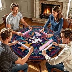 Sea Turtle Mahjong Mat 42Inch Round Game Mat, Coastal Mahjong Table Cover, Ocean Turtle Game Night Decor,Non Slip Rubber Backed Mat with Bag image 6