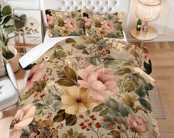 Vintage Floral King Comforter Set, Cottagecore Botanical Bedding with Pillowcases
