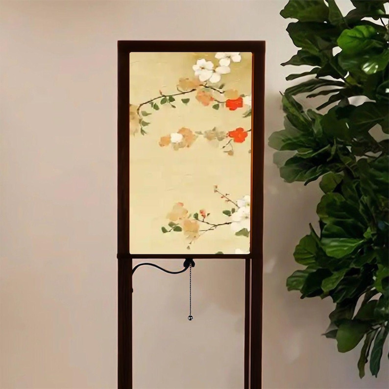 Japanese Floral Shelf Floor Lamp with Linen Shade, LED Bulb, USB & Outlet, 3 Tier Wood Storage Lamp for Living Room Bedroom Decor image 10