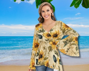 Vintage Sunflower V-Neck Blouse: Boho Bell Sleeve Tunic