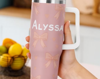 Personalized Pink Bow Tumbler: 40 oz Stainless Steel Travel Cup