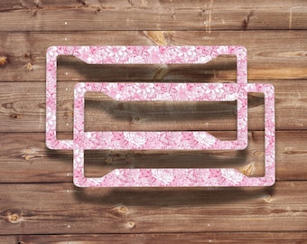 Pink Floral Aluminum Car License Plate Frames - Set of 2
