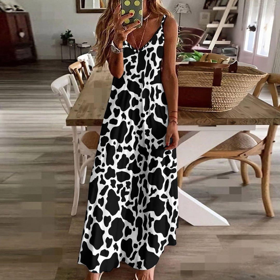 Cow Print Maxi Dress - Trendy Sleeveless Black and White Animal Print Summer Dress, Western Rodeo Style Long Dress for Women