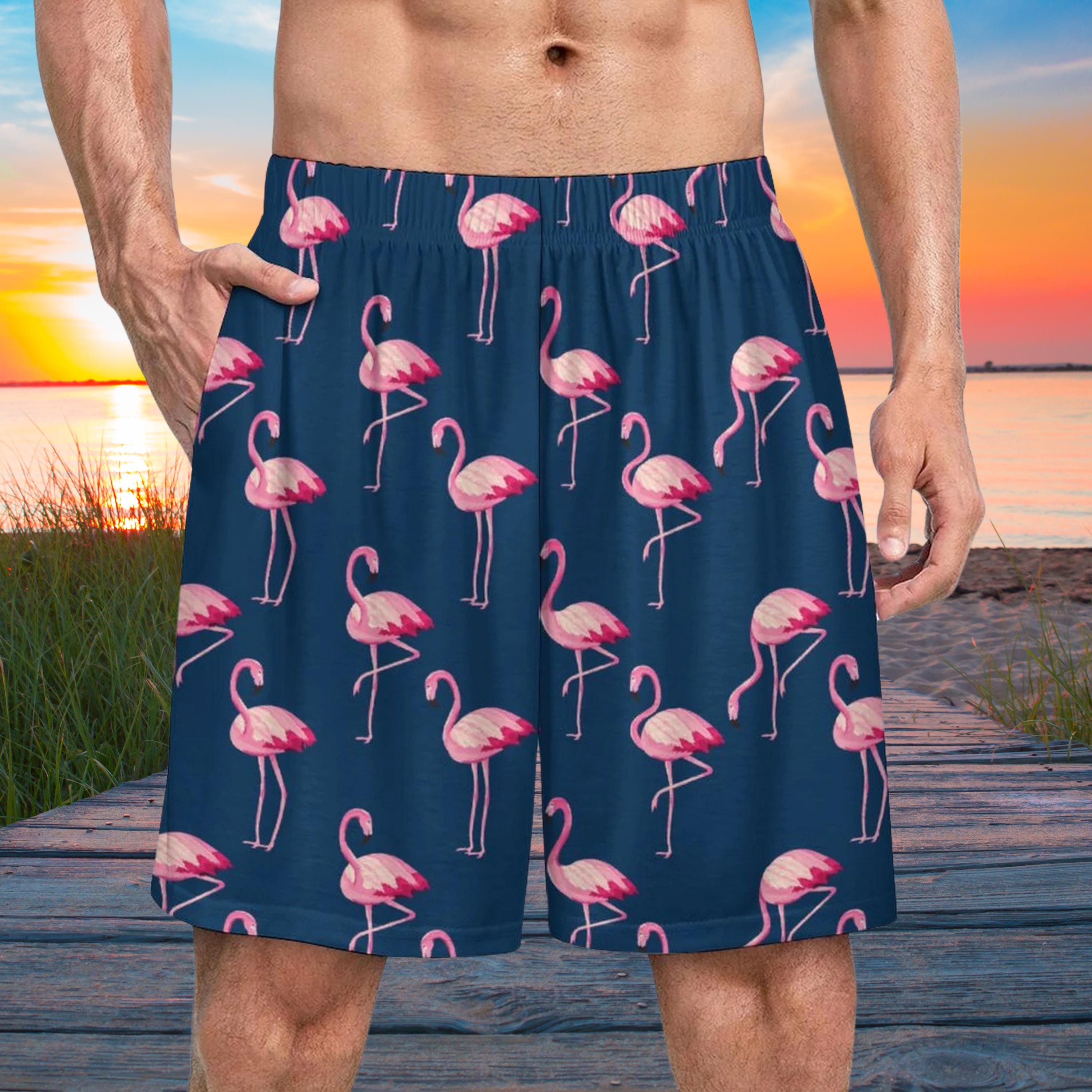 AdorableDesignsz Men s Pajama Shorts Dark Blue with Pink Flamingos All Over Printing Gift for Dad Husband Brother Flamingo Lover