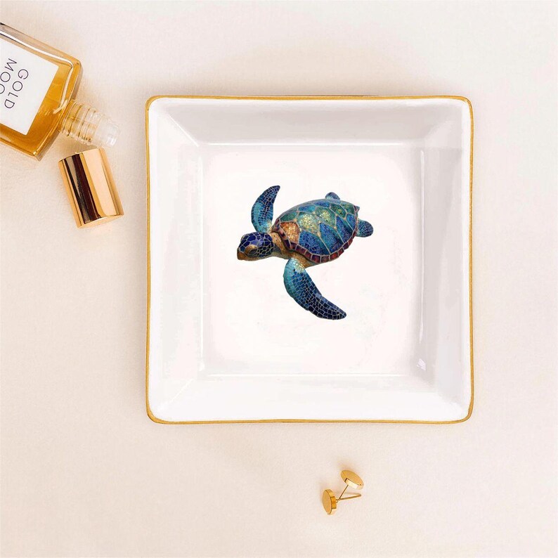 Sea Turtle Mahjong Dice Holder, Coastal Jewelry Dish, Mahjong Accessory Tray, Gold Trim Ring Dish, Ocean Turtle Trinket Tray, Mahjong Gift image 4