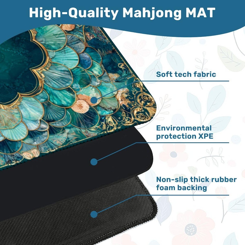 Mermaid Mahjong Mat 33x33, Coastal Mahjong Table Cover, Teal Shell Mahjong Mat, Foldable Travel Mahjong Mat with Storage Bag, Game Decor image 9