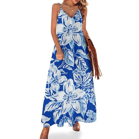 amazon women's boho dresses Blue Floral Maxi Dress: Spaghetti Strap Sundress $350-$449 DollzMania was a highly Color:Soft Navy Florals Featuring a V