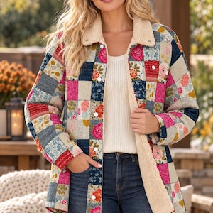 Boho Floral Patchwork Fleece Jacket Women - Stand-Up Collar Quilted Coat, Warm Polar Fleece Shirt, Vintage Casual Outerweartags