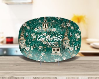 Custom Chinoiserie Garden Oval Platter - 10" x 14"  Unbreakable Polymer Personalized Toile Serving Tray - Microwave & Dishwasher Safe