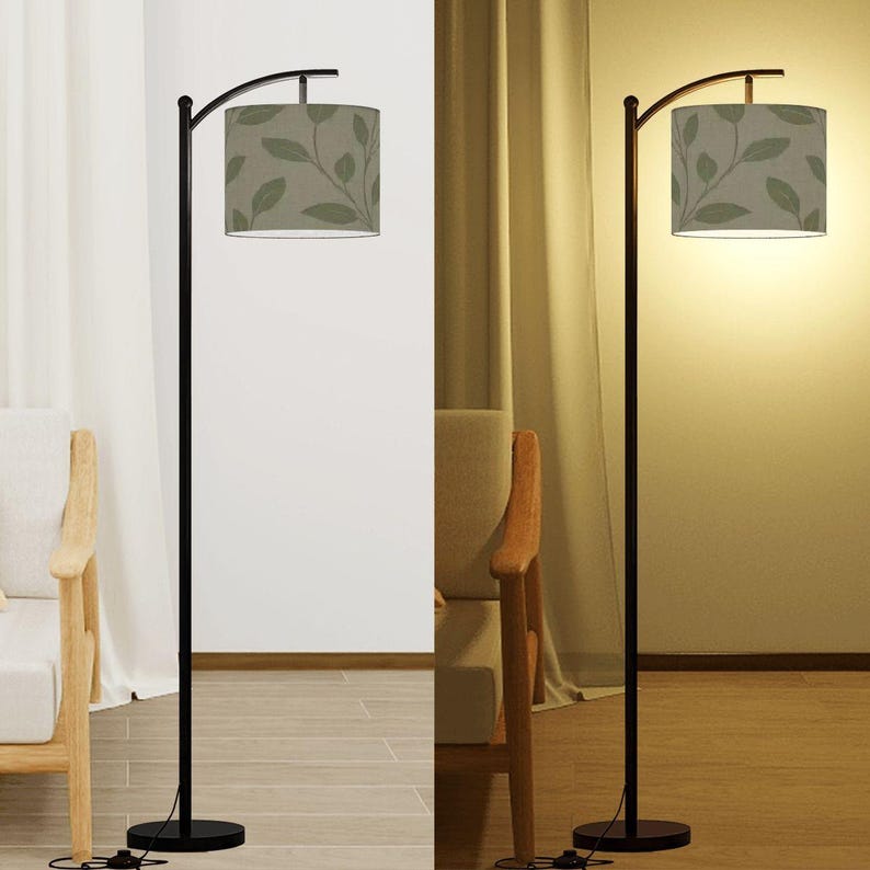 Boho Leaf Print Lampshade: Soft Green Linen Look, Arc/Floor Lamp Bild 7