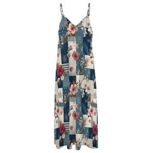 Floral Patchwork Maxi Dress, Red White Blue Sundress, 4th of July Dress Women, Boho Beach Dress, Summer Vacation Outfit, Coastal Maxi Dress image 7
