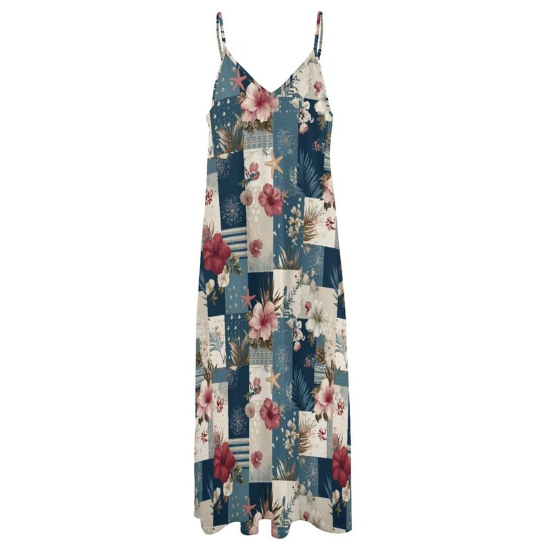 Floral Patchwork Maxi Dress, Red White Blue Sundress, 4th of July Dress Women, Boho Beach Dress, Summer Vacation Outfit, Coastal Maxi Dress image 7