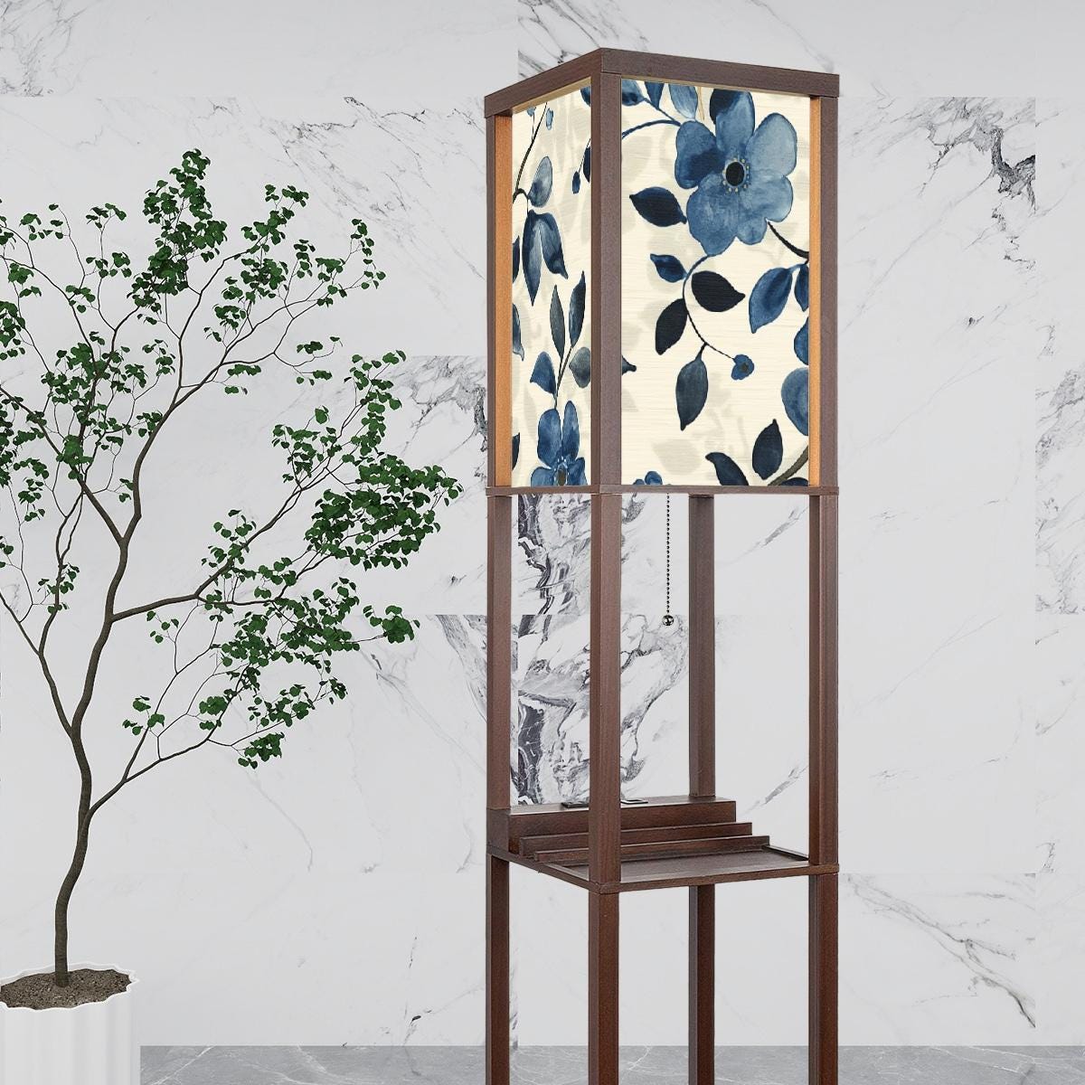 Blue Floral Shelf Lamp,Wooden Tower Light with Bold Flower Pattern Modern Botanical Floor Lamp with Shelving, Elegant Home Decor,Made in USA
