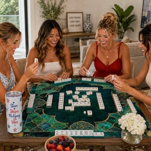 Może przedstawiać: Cztery kobiety grają w mahjonga przy drewnianym stole. St&oacute;ł ma zielono-złotą powierzchnię do gry. Widoczny jest kubek z napisem "Stars Stripes Mahjong Vibes". Na stole znajduje się r&oacute;wnież miska z jagodami i wazon z białymi kwiatami.