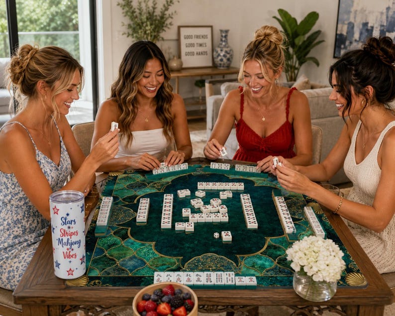 Może przedstawiać: Cztery kobiety grają w mahjonga przy drewnianym stole. St&oacute;ł ma zielono-złotą powierzchnię do gry. Widoczny jest kubek z napisem "Stars Stripes Mahjong Vibes". Na stole znajduje się r&oacute;wnież miska z jagodami i wazon z białymi kwiatami.