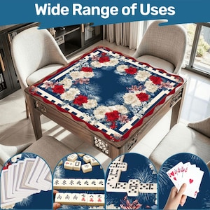 May include: A wooden game table with a blue floral patterned top, surrounded by chairs. The table is decorated with red and white flowers. The image includes close-ups of playing cards, dominoes, and mahjong tiles. Text reads "Wide Range of Uses."