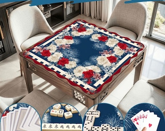 Patriotic Mahjong Mat, Scalloped 4th of July Mahjong Table Mat, Red White Blue Floral Mahjong Accessories,  Game Night Mat, 26 or 33 inch