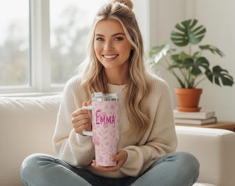 Personalized Floral 40oz Tumbler with Handle | Custom Name Stainless Steel Mug with Straw | Pink Flower Travel Cup Gift for Her