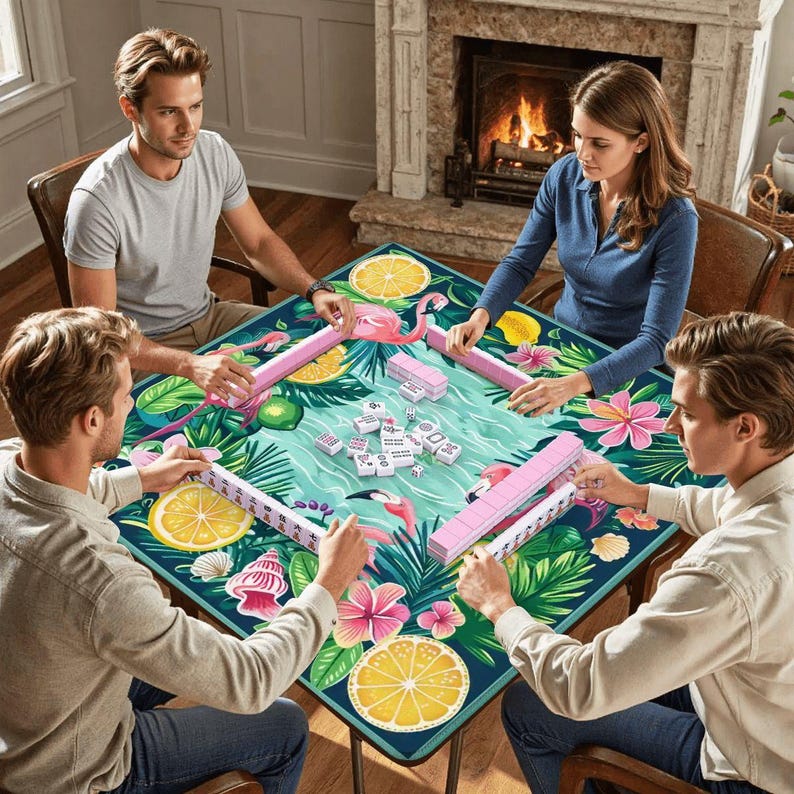 Flamingo Mahjong Mat, Tropical Citrus Palm Game Table Cover, Foldable (31.5") image 7