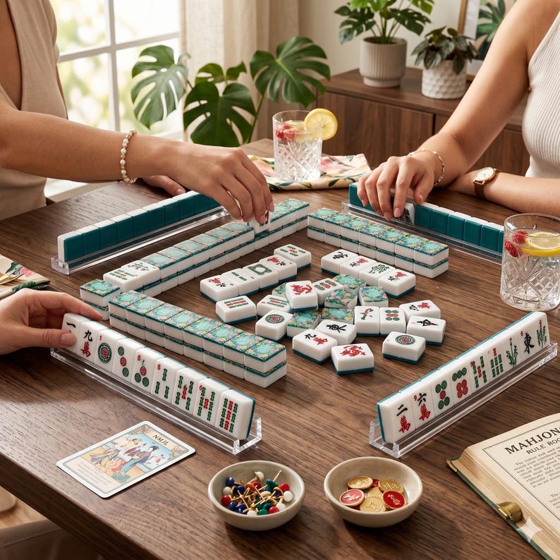May include: A game of Mahjong in progress, with white tiles featuring red and green symbols, arranged on a wooden table. Teal tile racks and small bowls with game pieces are also visible. A card and a rule book are on the table.