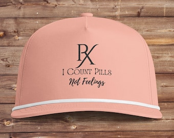 Gorra con el logo RX "Cuenta pastillas, no sentimientos" / Gorro divertido para farmacéuticos, regalo para técnicos de farmacia, gorra de camionero bordada de estilo vintage desgastado