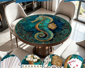Seahorse Mahjong Mat Round 42 Inch, Coastal Ocean Game Mat, Blue Teal Seahorse Table Cover, Mahjong Table Pad, Poker Mat,  Playing Surface