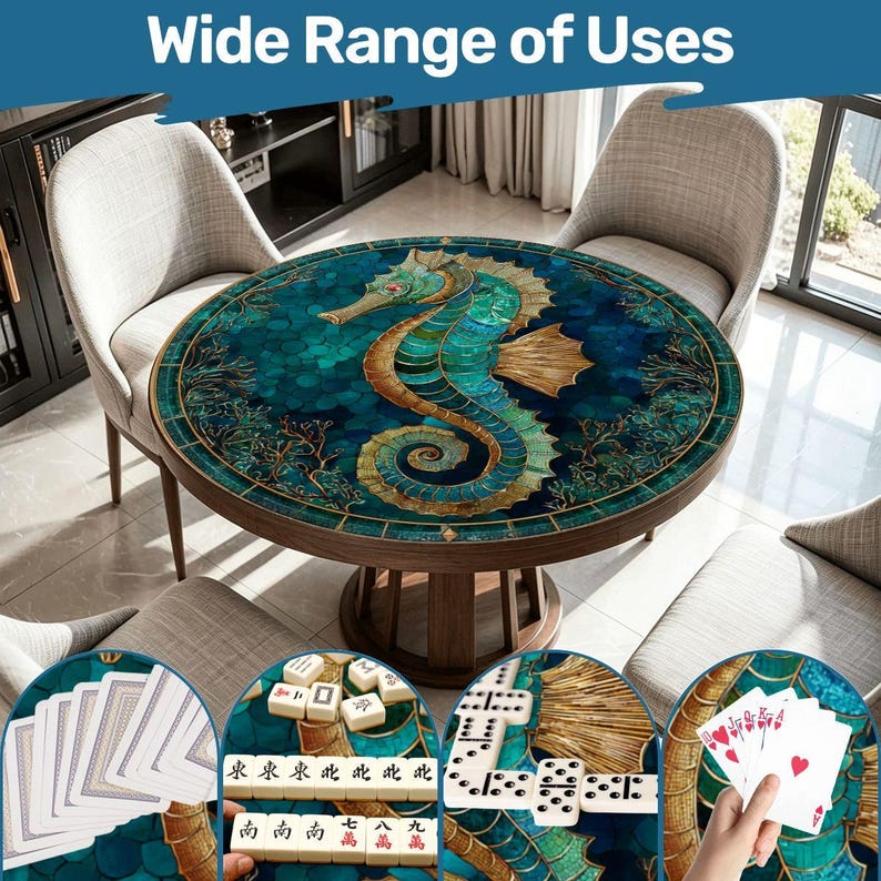 Seahorse Mahjong Mat Round 42 Inch, Coastal Ocean Game Mat, Blue Teal Seahorse Table Cover, Mahjong Table Pad, Poker Mat, Playing Surface afbeelding 1