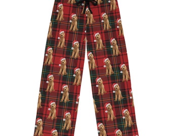 Pantalon de pyjama pour hommes Noël Golden Doodle Design, fond rouge avec motif doré-doodle avec bonnets de père Noël, pantalon de pyjama personnalisé